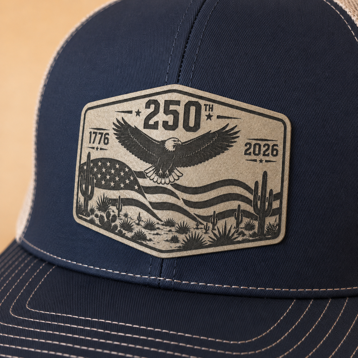 america 250 desert flag eagle leatherette patch hat navy charcoal richardson 112 closeup america 250 desert flag eagle leatherette patch hat navy charcoal richardson 112 closeup