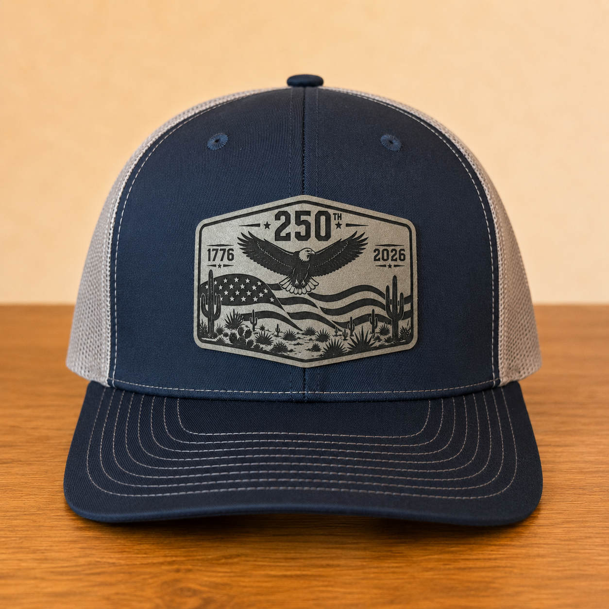 america 250 desert flag eagle leatherette patch hat navy charcoal richardson 112 front america 250 desert flag eagle leatherette patch hat navy charcoal richardson 112 front