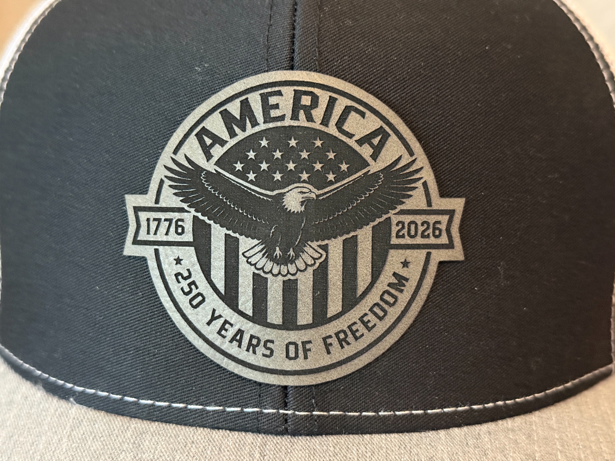 america 250 years of freedom leatherette patch hat black heather gray white richardson 112 closeup america 250 years of freedom leatherette patch hat black heather gray white richardson 112 closeup