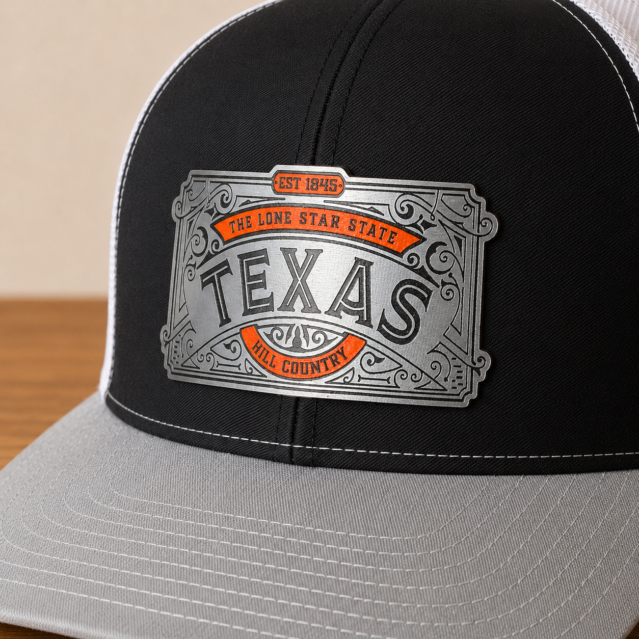 texas hill country acrylic patch hat black gray white richardson 112 closeup texas hill country acrylic patch hat black gray white richardson 112 closeup