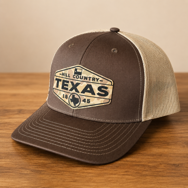 Texas Hill Country camo leatherette patch hat on brown and khaki Richardson 112 trucker cap