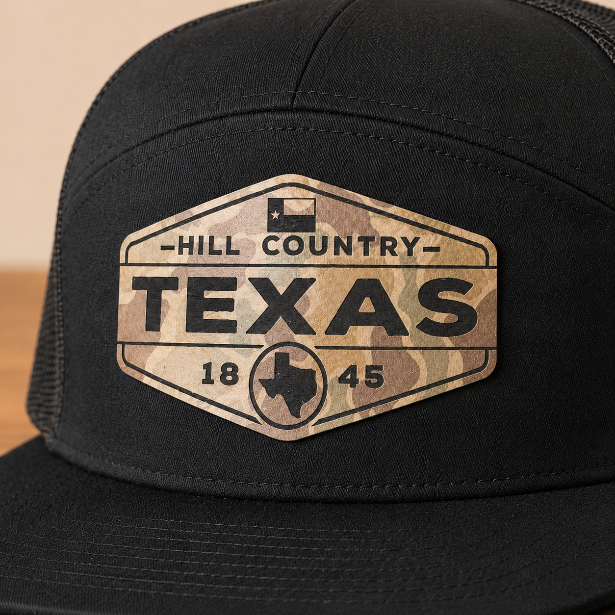 texas hill country camo leatherette patch hat black richardson 168 7 panel closeup texas hill country camo leatherette patch hat black richardson 168 7 panel closeup