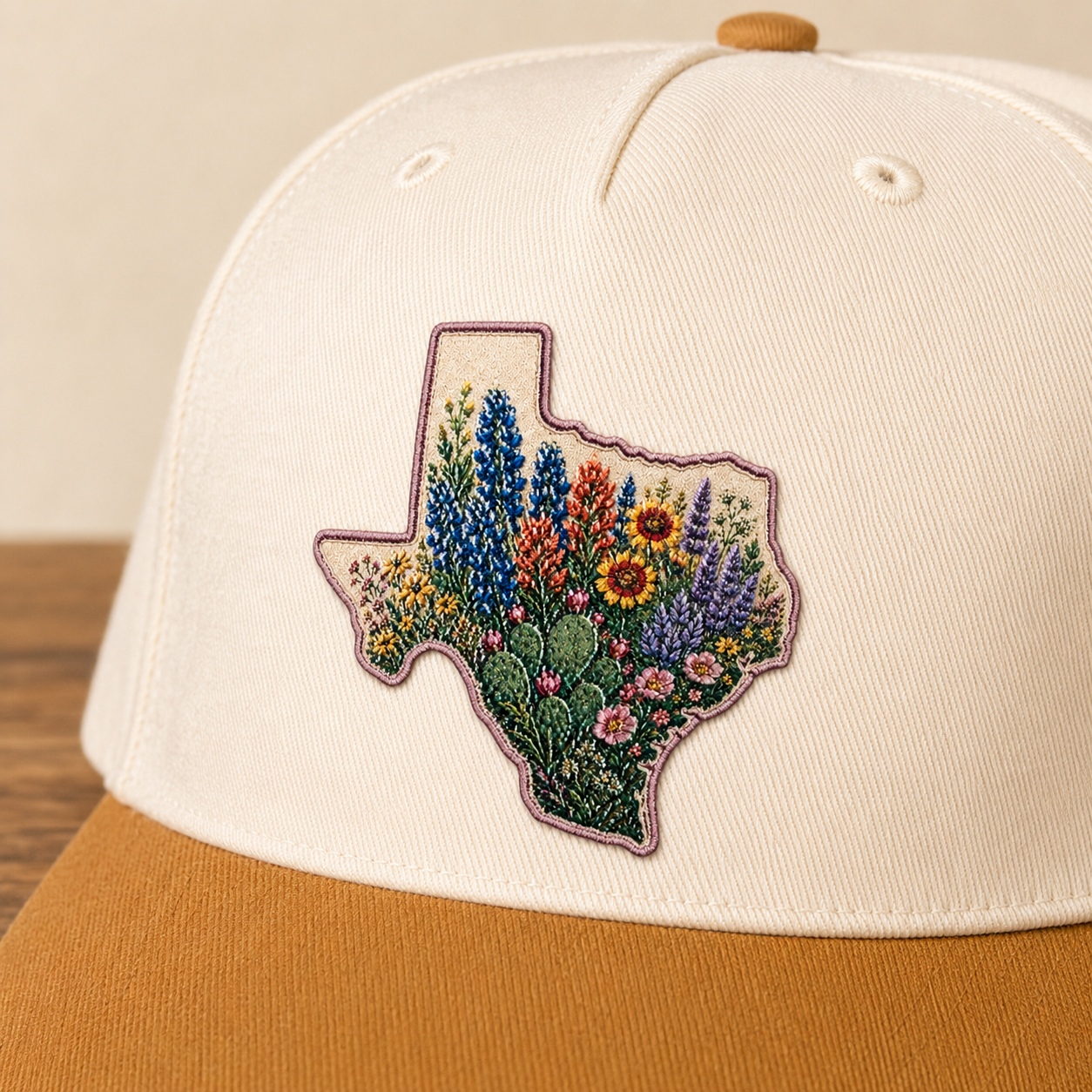 texas wildflower uv patch hat biscuit closeup texas wildflower uv patch hat biscuit closeup