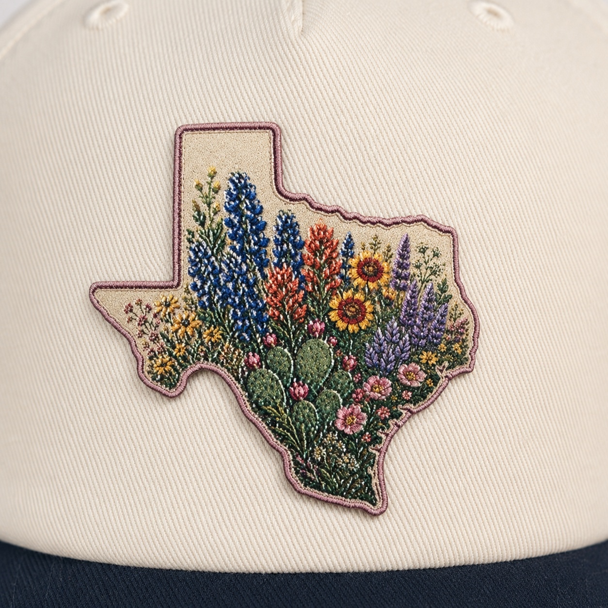 texas wildflower uv patch hat navy closeup texas wildflower uv patch hat navy closeup
