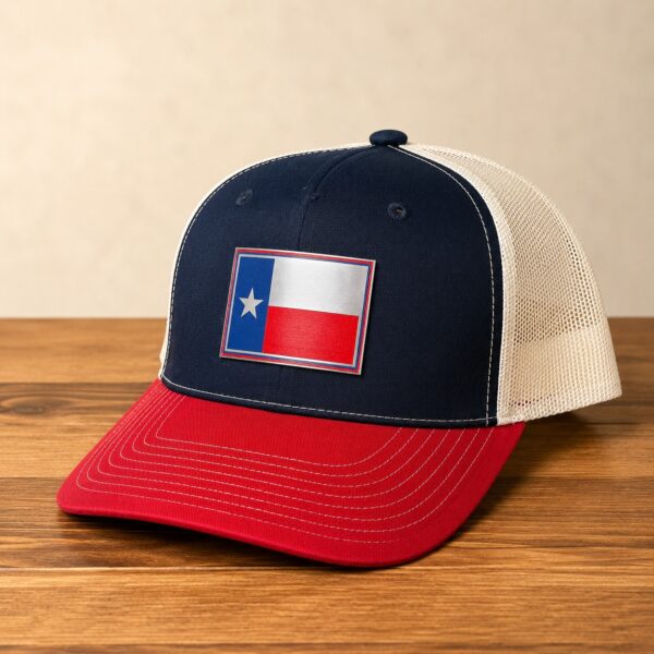 texas flag acrylic patch hat navy red stone trucker front